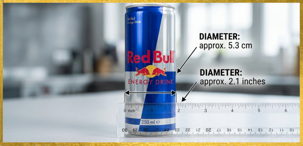 Red Bull can diameter in inches and cm