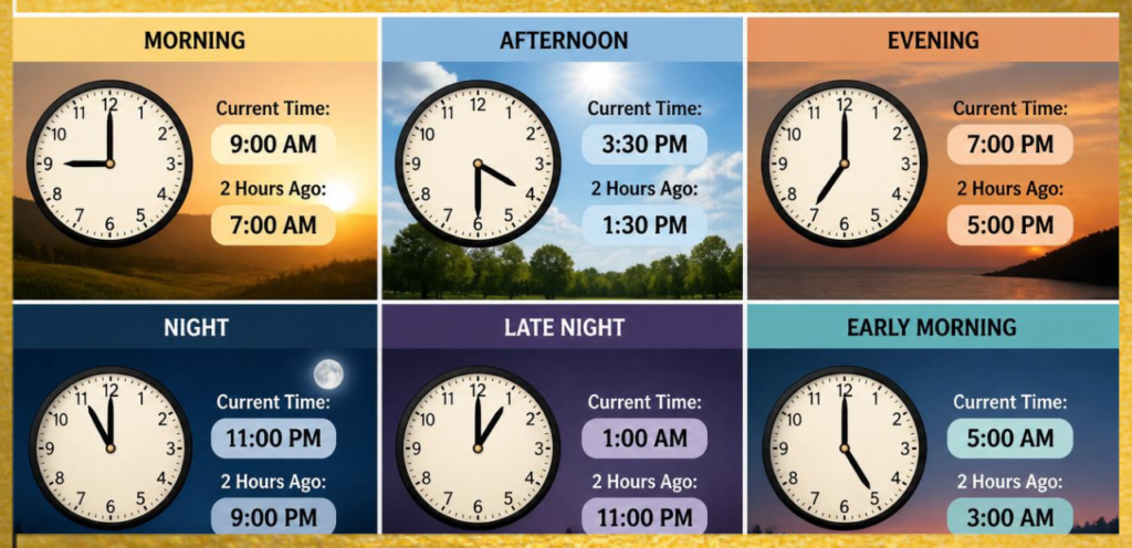 what time was it 2 hours ago across different times of day