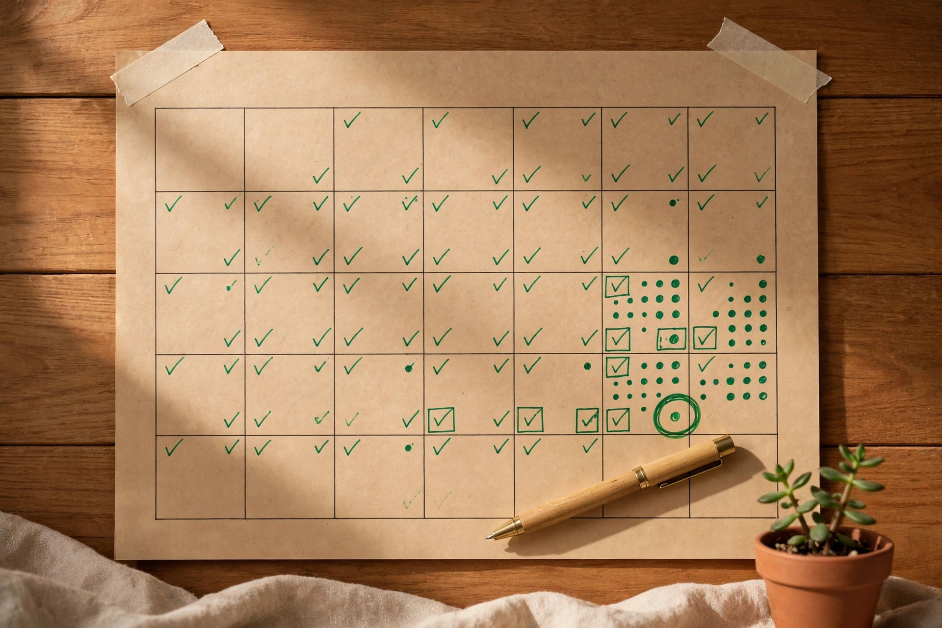 A wall planner with marked dates and ticked tasks, showing steady preparation for an important date.