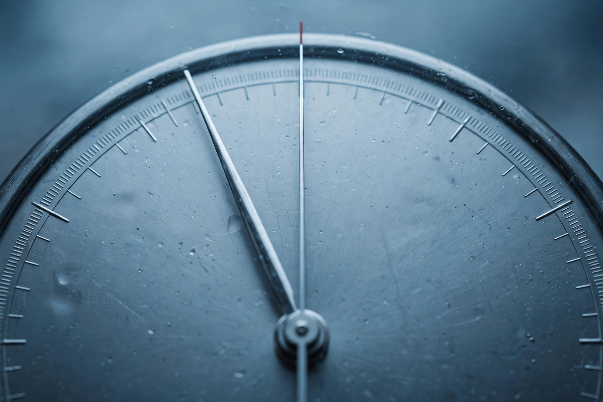 A close-up of a clock face with its second hand near midnight, representing a leap second.